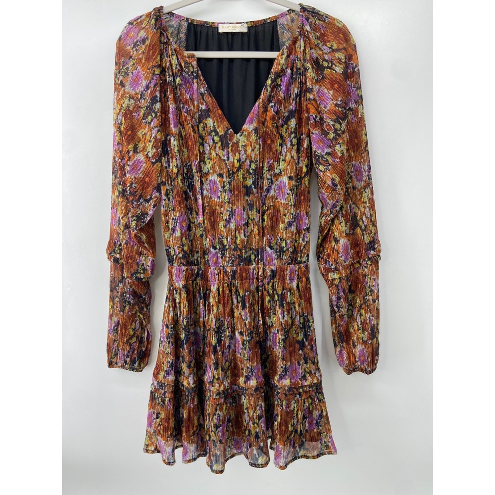 Ramy Brook Dress Women Small Metallic Floral Mini Boho Shimmer Party Fall Pleats